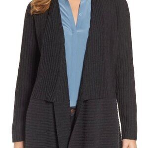 Eileen Fisher Charcoal Grey Long Sleeve Wool Ribbed Cardigan Sweater 2X